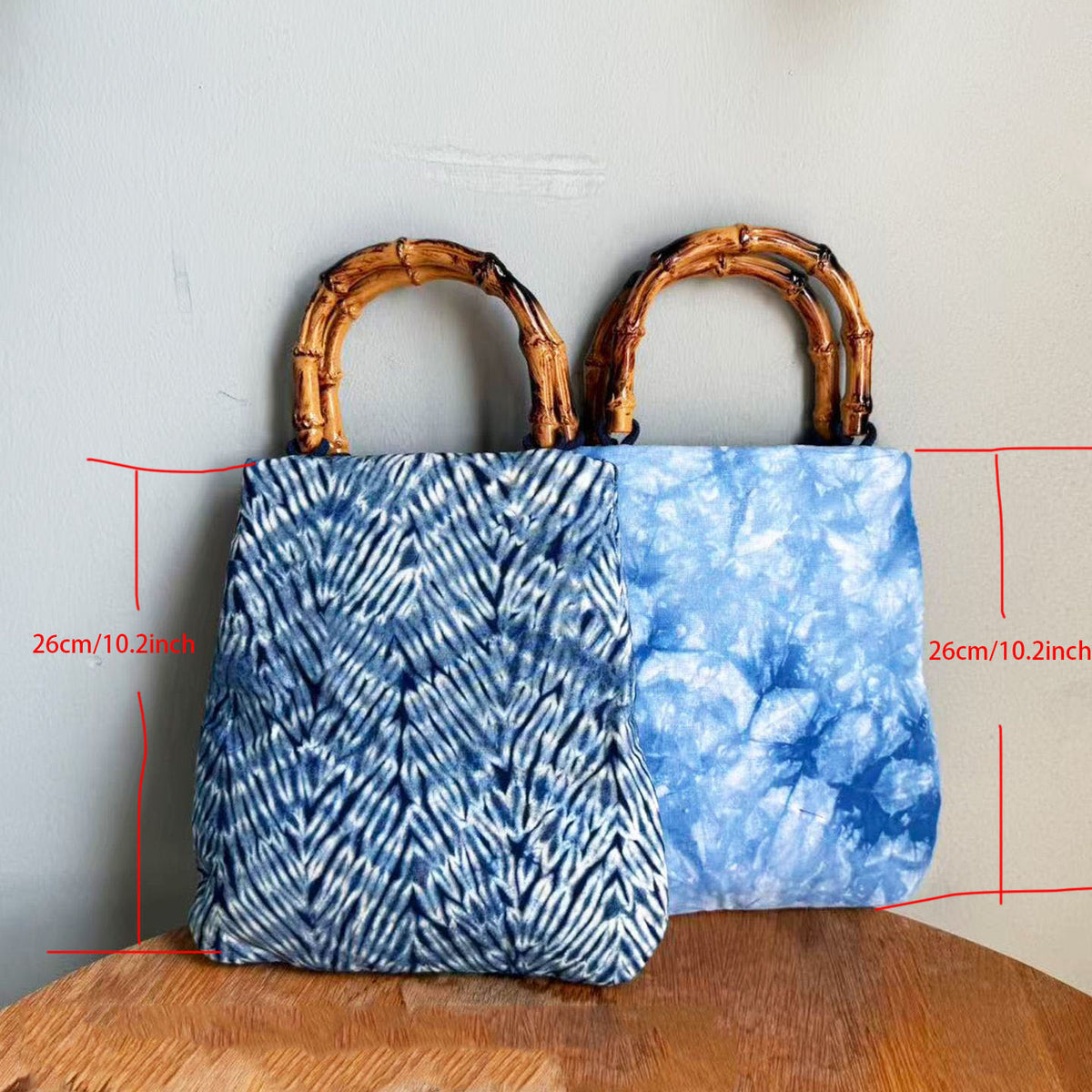 Boho China Tie-Dye Tote with Natural Bamboo Handles