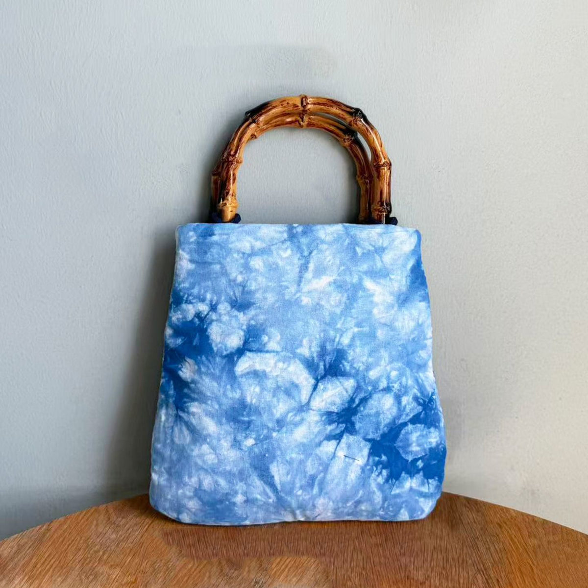 Boho China Tie-Dye Tote with Natural Bamboo Handles