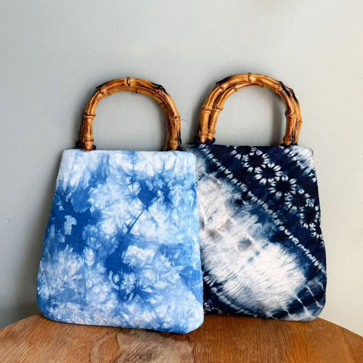 Boho China Tie-Dye Tote with Natural Bamboo Handles