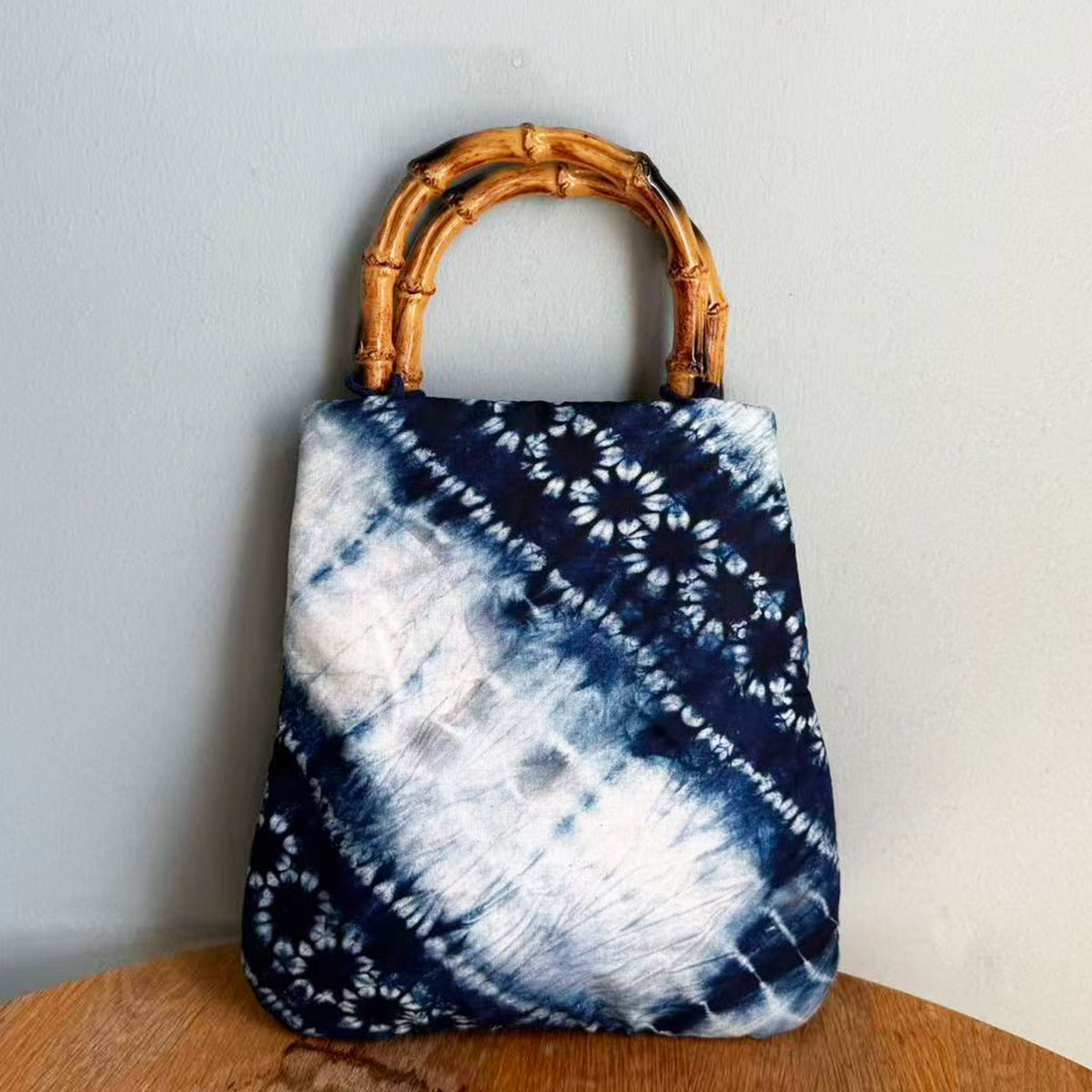 Boho China Tie-Dye Tote with Natural Bamboo Handles
