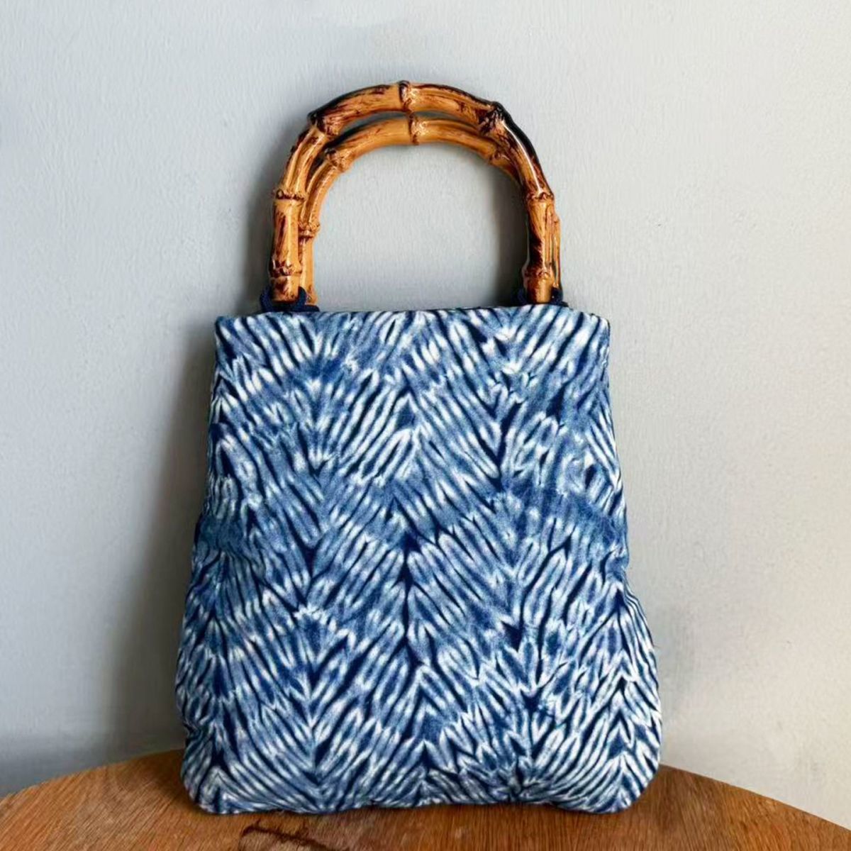 Boho China Tie-Dye Tote with Natural Bamboo Handles