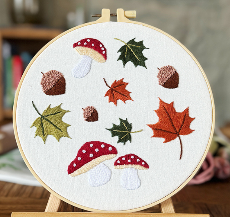 Acorn mushroom maple leaves embroidery kits