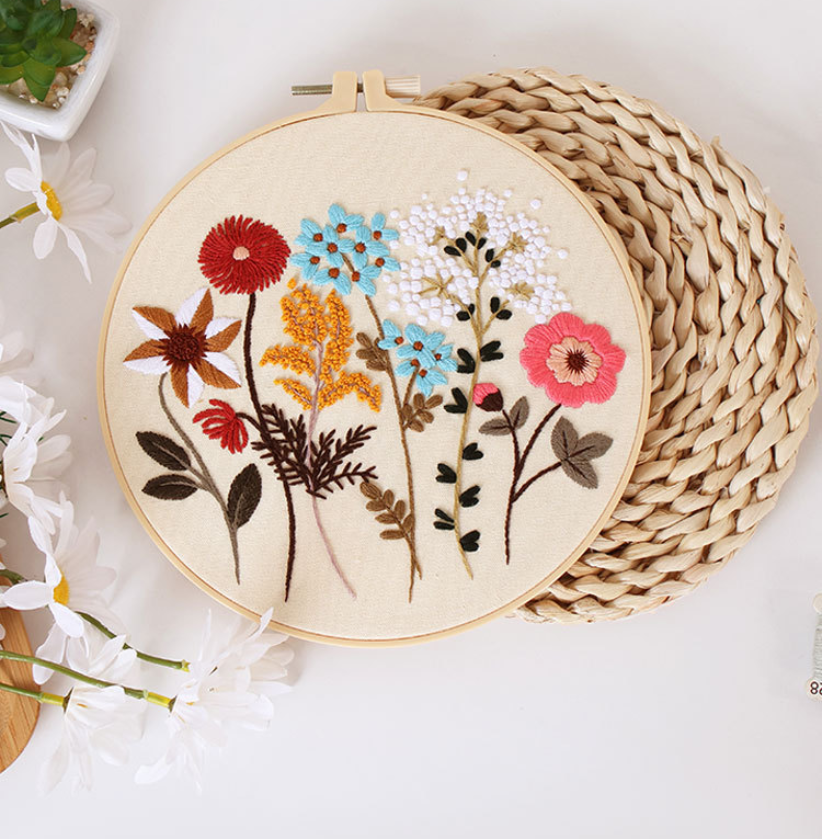 Wild flower Embroidery kit for beginner-whole set with fabric,hoop,needle,floss