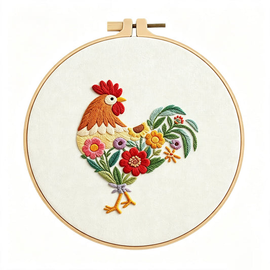 Rooster material kit for beginner,embroidery whole set with hoop,needle,floss,fabric