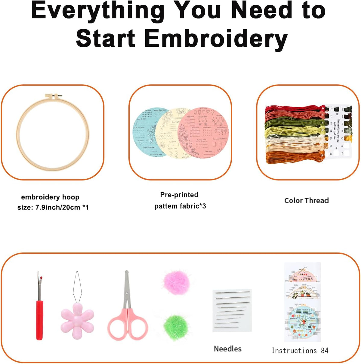 Basic stitch tutorial embroidery kits for beginner -basic stitch learning whole sets with hoop,fabric,floss,needles