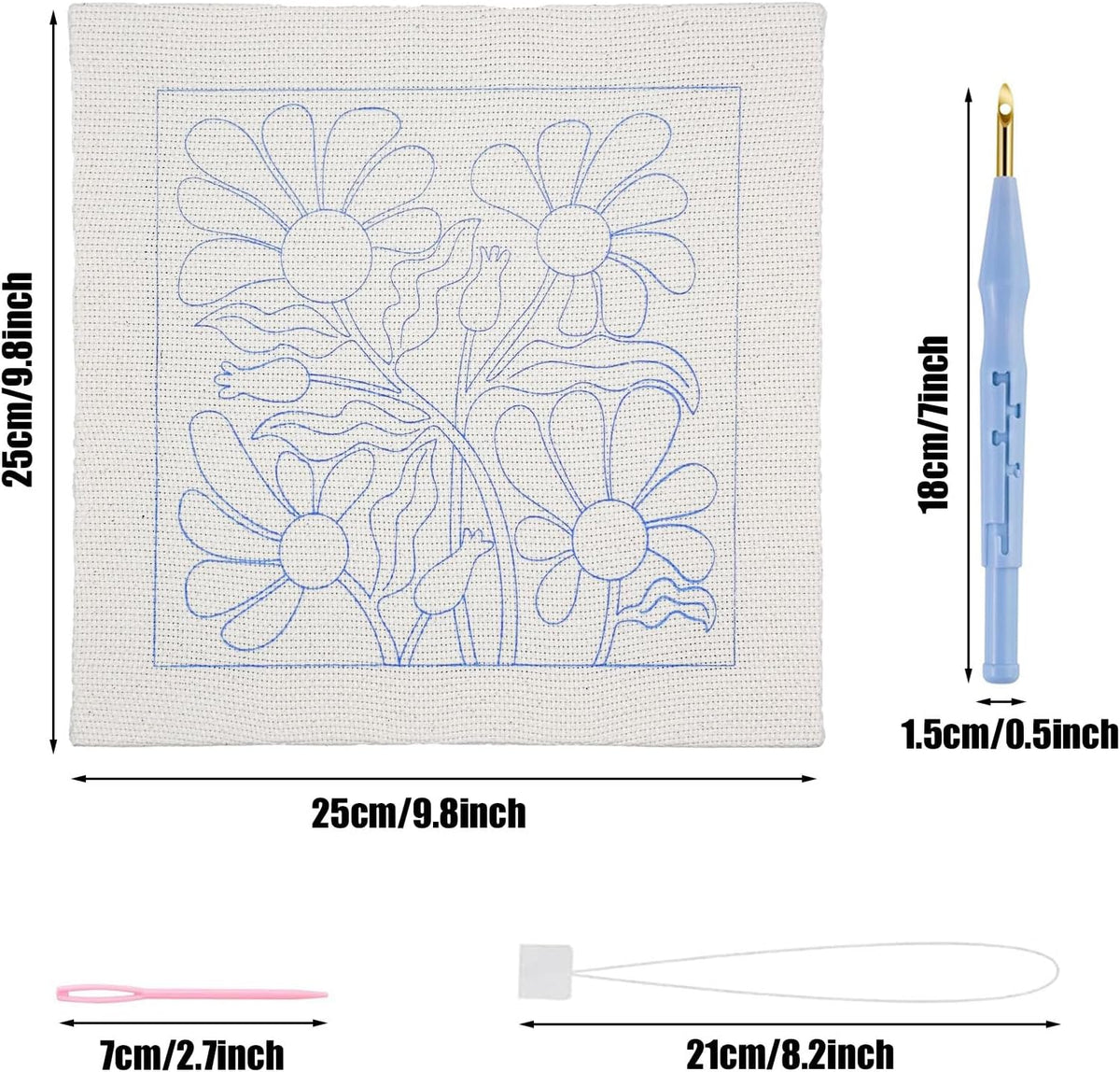 Punch Needle Kit Frame - Square Fabric with Flower Pattern(Green and Yellow)