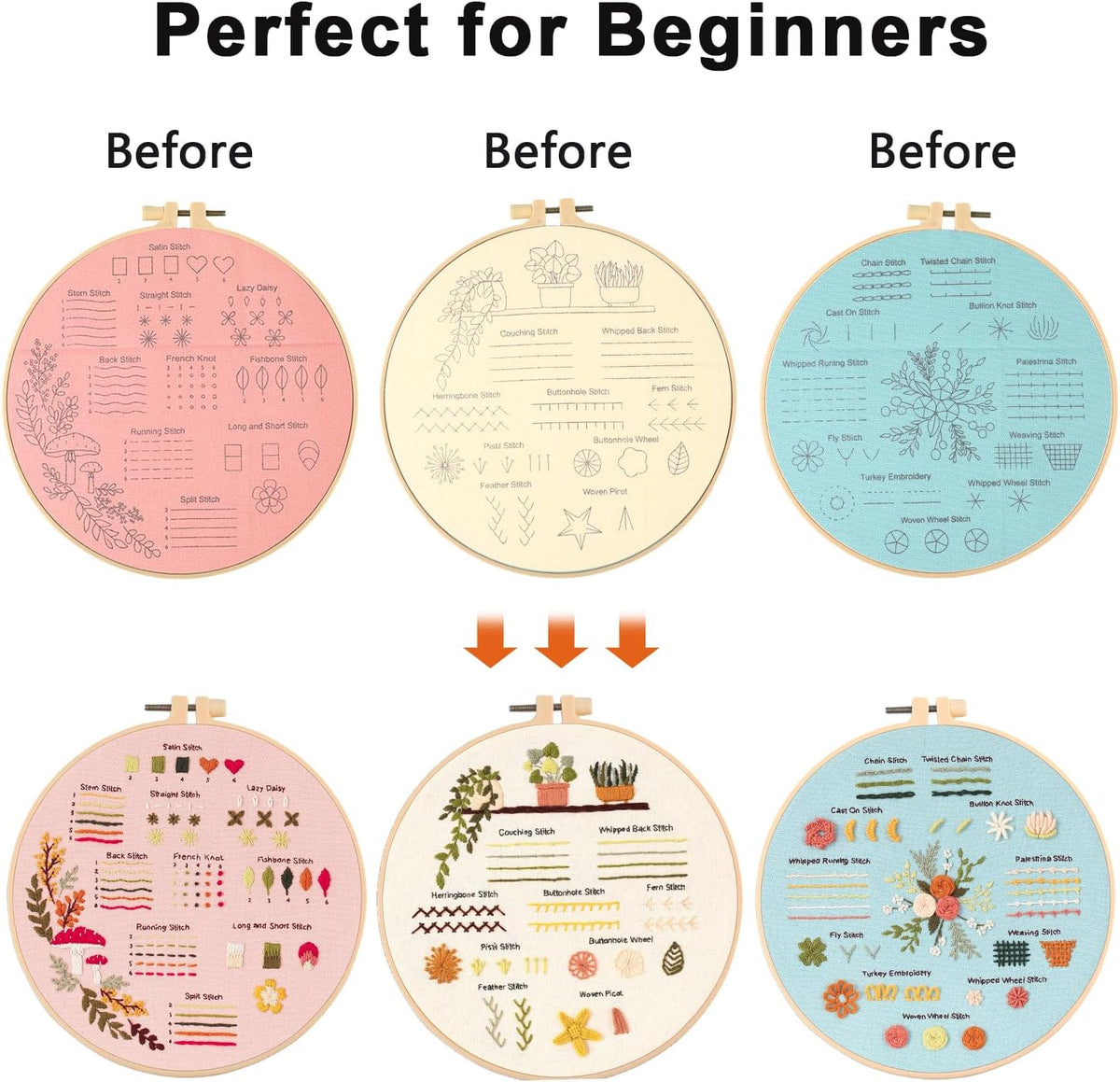 Basic stitch tutorial embroidery kits for beginner -basic stitch learning whole sets with hoop,fabric,floss,needles
