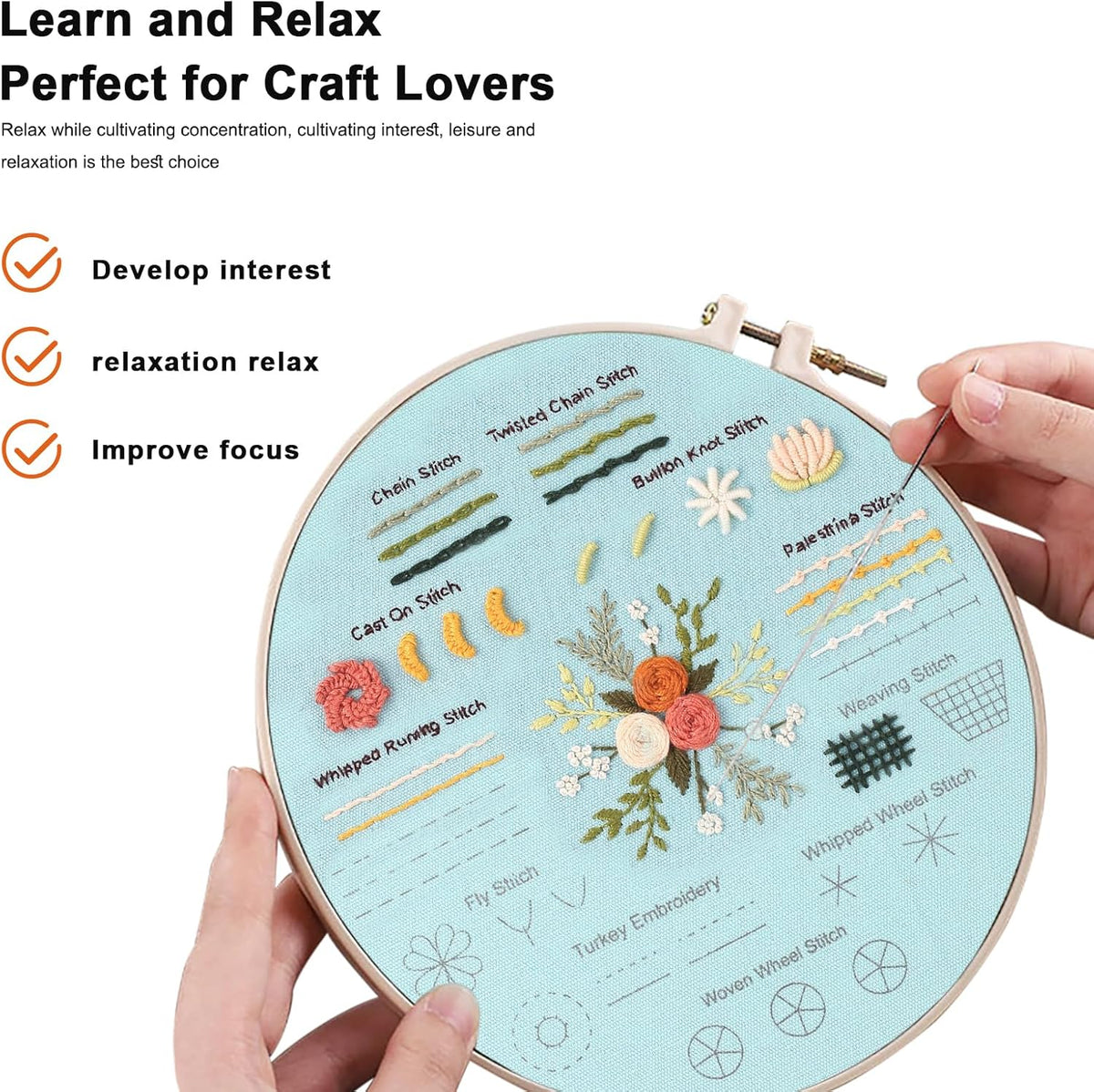 Basic stitch tutorial embroidery kits for beginner -basic stitch learning whole sets with hoop,fabric,floss,needles