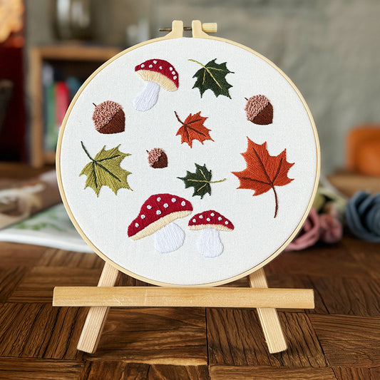 Maple leave mushroom embroidery kit for beginner with fabric,needle,thread