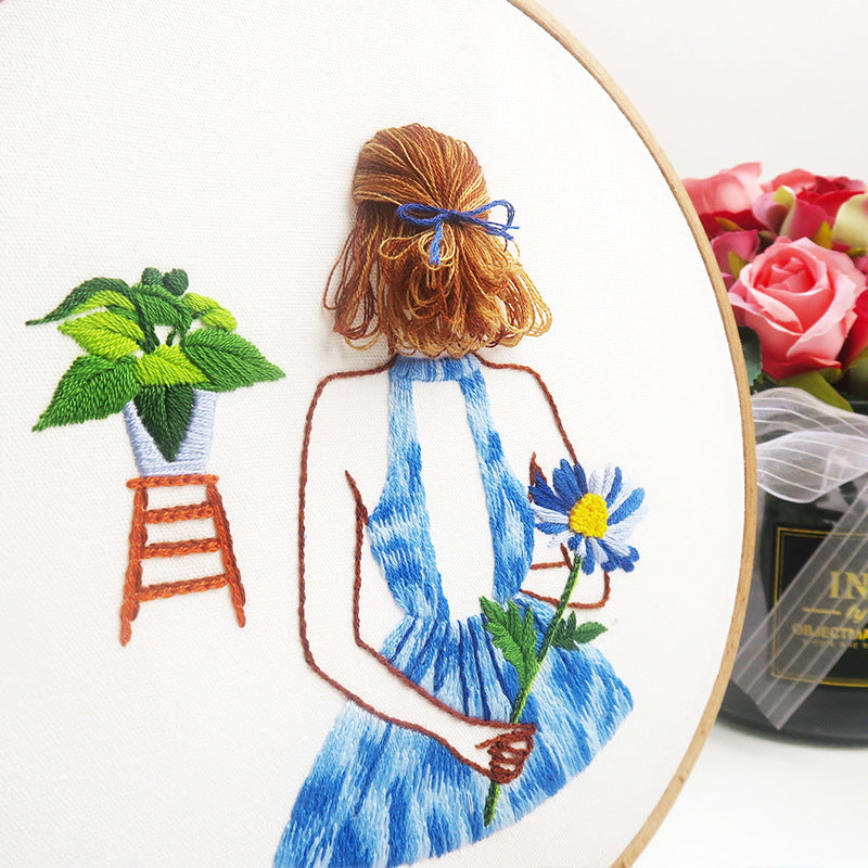Beautiful Girl -Embroidery kit for beginner with round hoop,thread,fabric,pattern