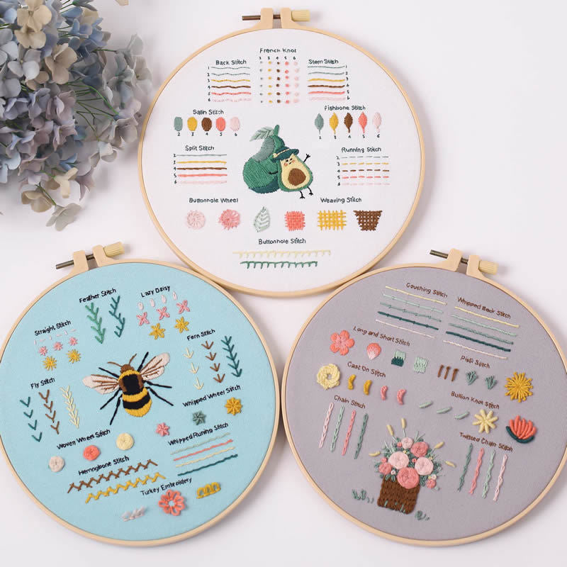 Basic stitch tutorial embroidery kits for beginner -basic stitch learning whole sets with hoop,fabric,floss,needles