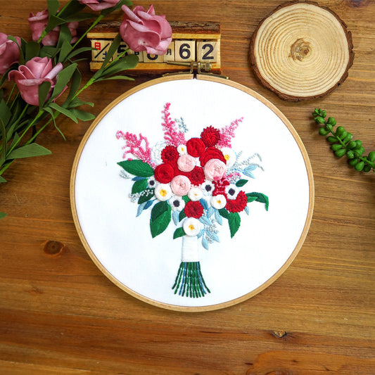 Red flower bouquet embroidery kit for beginner with hoop,fabric,needle,thread