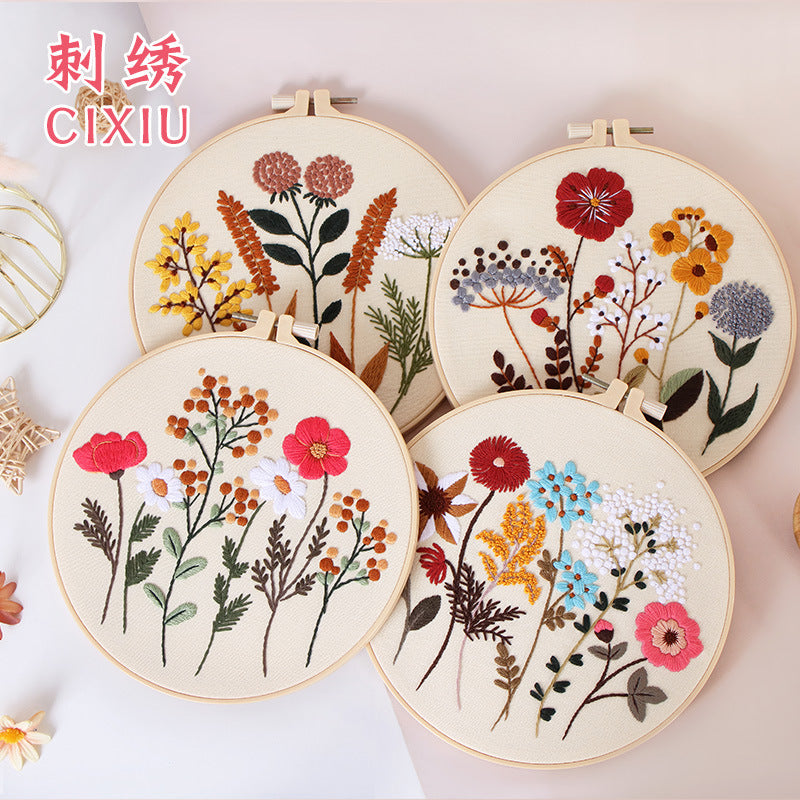 Wild flower Embroidery kit for beginner-whole set with fabric,hoop,needle,floss
