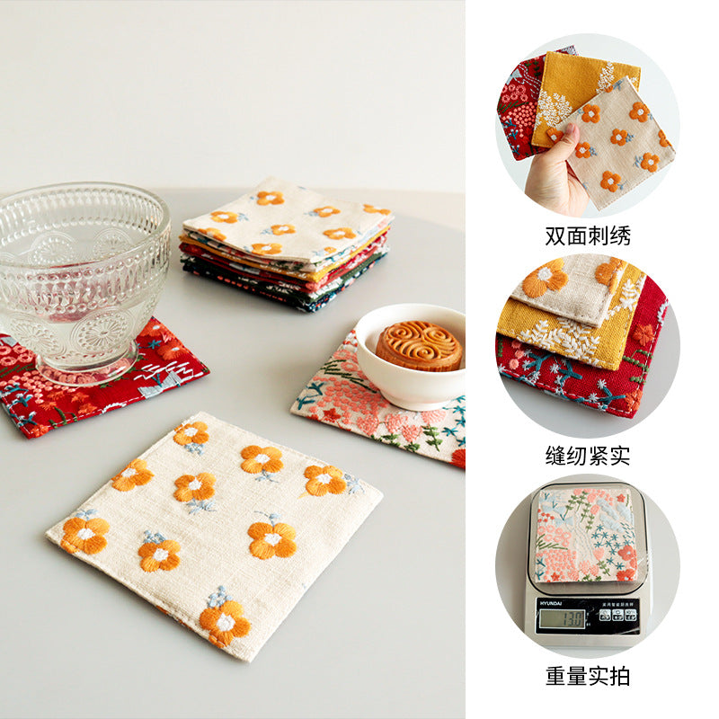 Embroidered coaster mug rug for tea coffee