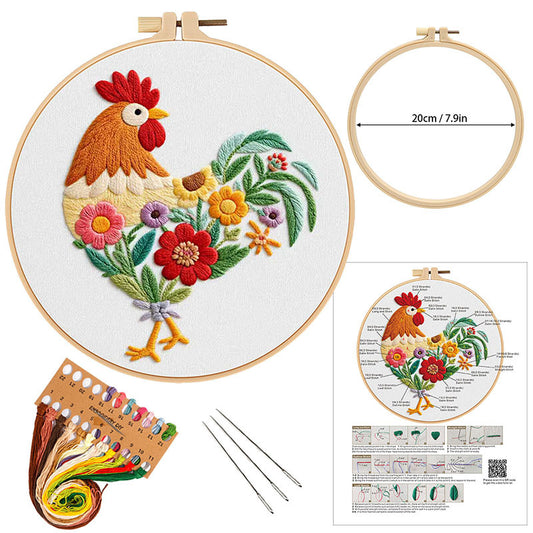 Rooster material kit for beginner,embroidery whole set with hoop,needle,floss,fabric