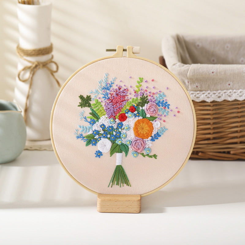 Flower bouquet-embroidery kits for beginner with round hoop,pattern,fabric,thread
