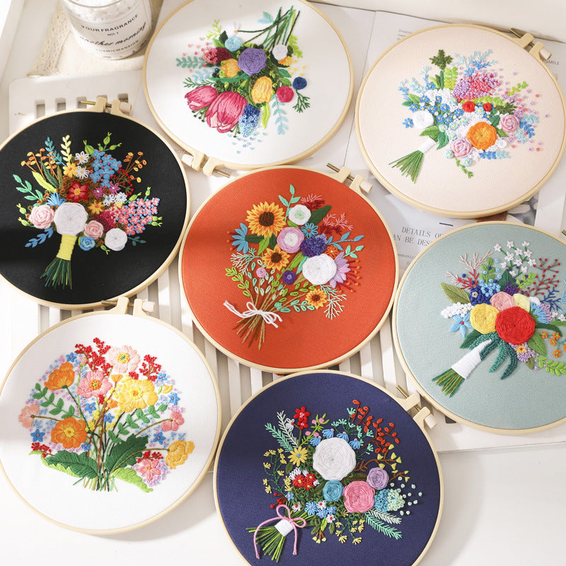 Flower bouquet-embroidery kits for beginner with round hoop,pattern,fabric,thread