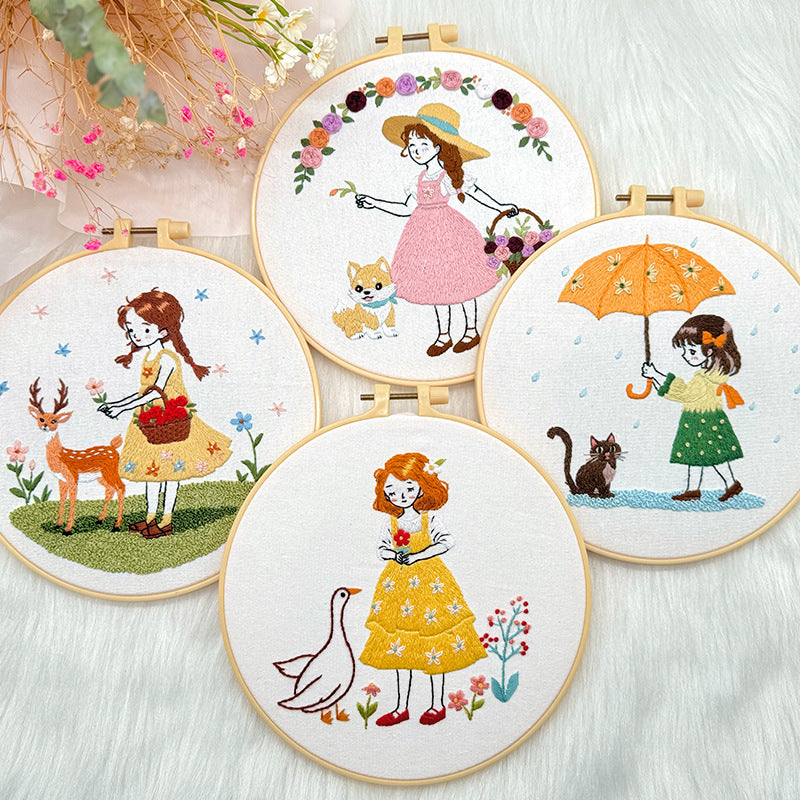 Four lovely girl embroidery kits for beginner-with fabric,needles, floss