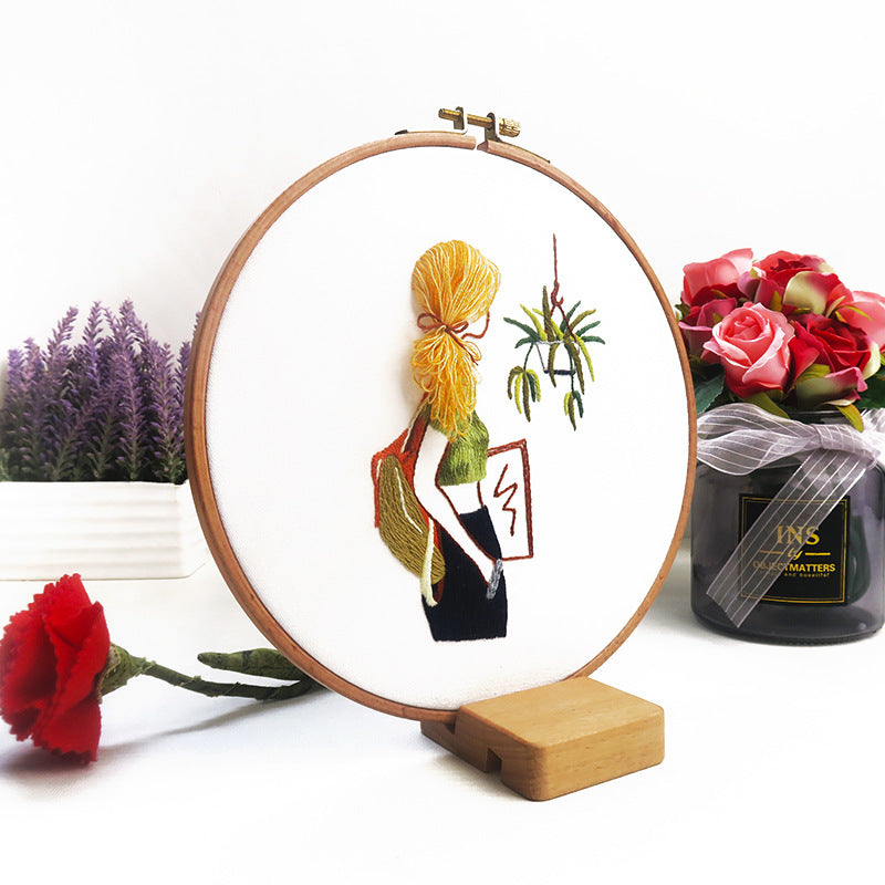 Beautiful Girl -Embroidery kit for beginner with round hoop,thread,fabric,pattern