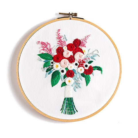 Red flower bouquet embroidery kit for beginner with hoop,fabric,needle,thread