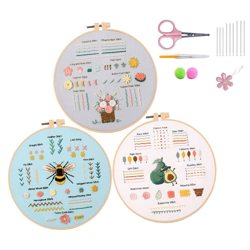 Basic stitch tutorial embroidery kits for beginner -basic stitch learning whole sets with hoop,fabric,floss,needles