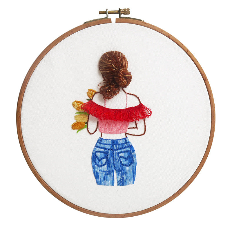 Beautiful Girl -Embroidery kit for beginner with round hoop,thread,fabric,pattern