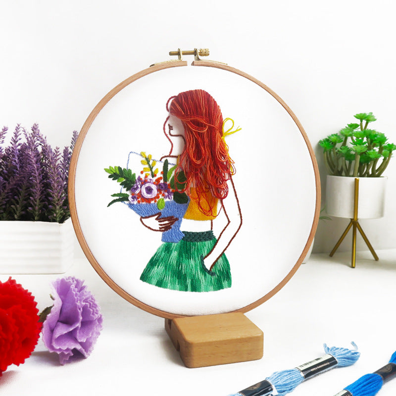 Beautiful Girl -Embroidery kit for beginner with round hoop,thread,fabric,pattern