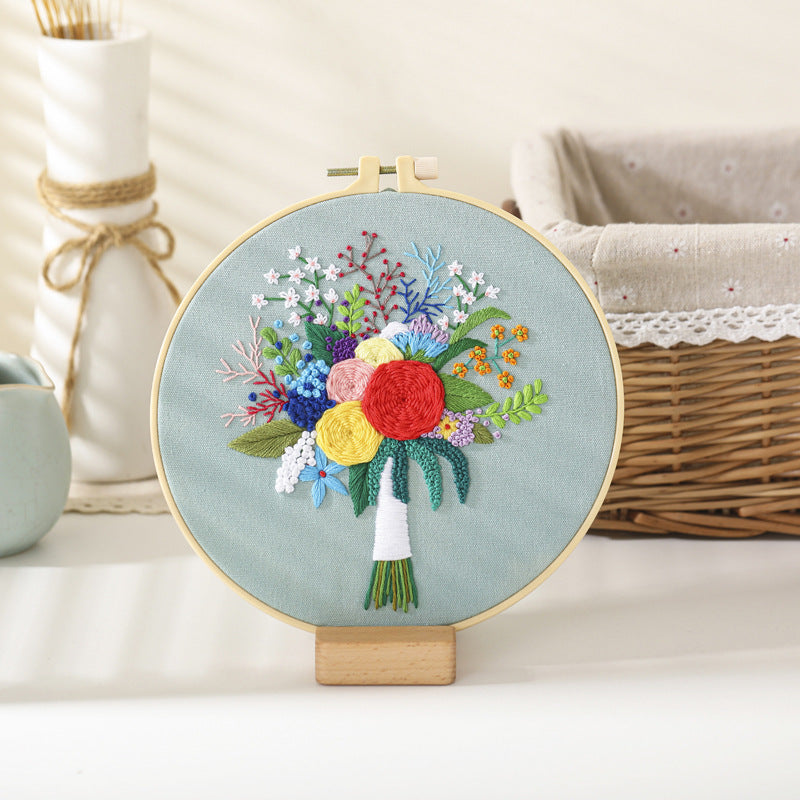 Flower bouquet-embroidery kits for beginner with round hoop,pattern,fabric,thread