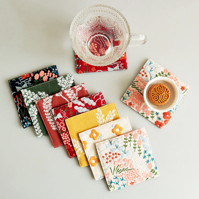 Embroidered coaster mug rug for tea coffee