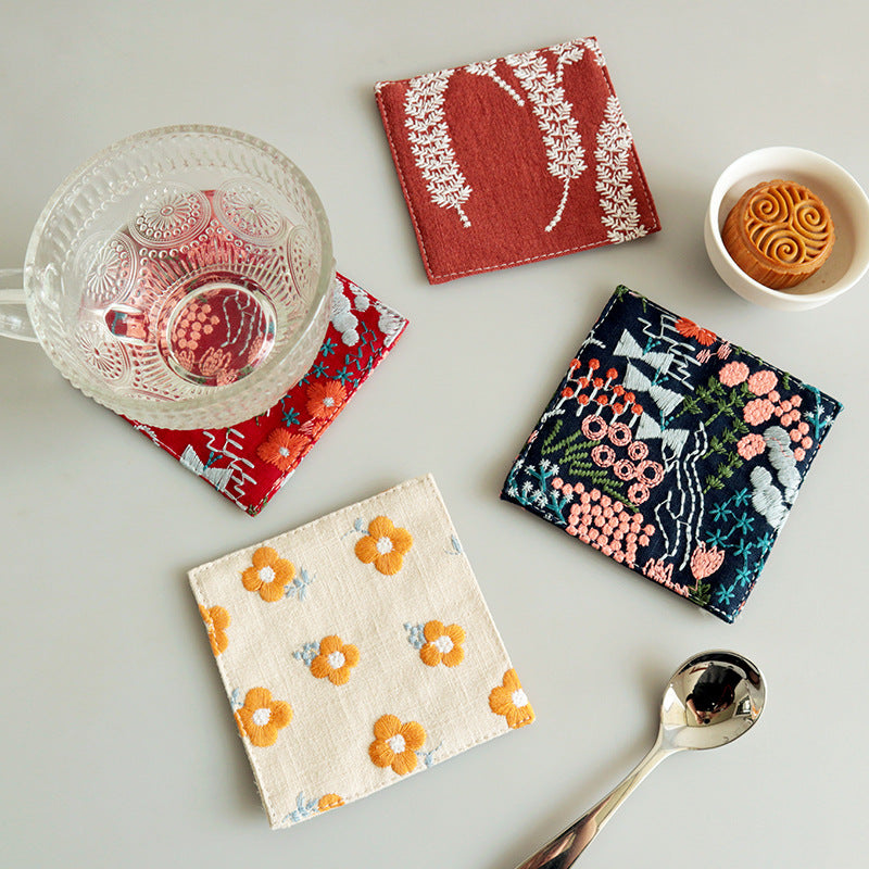 Embroidered coaster mug rug for tea coffee
