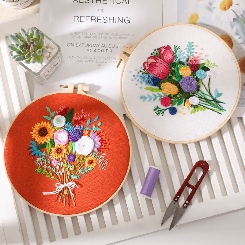 Flower bouquet-embroidery kits for beginner with round hoop,pattern,fabric,thread