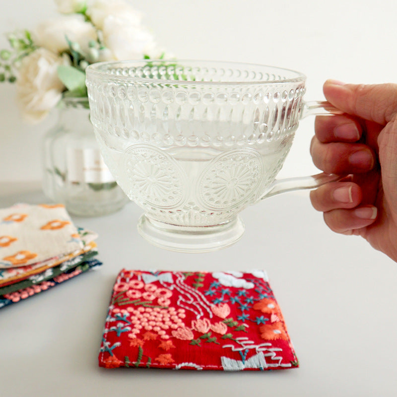 Embroidered coaster mug rug for tea coffee
