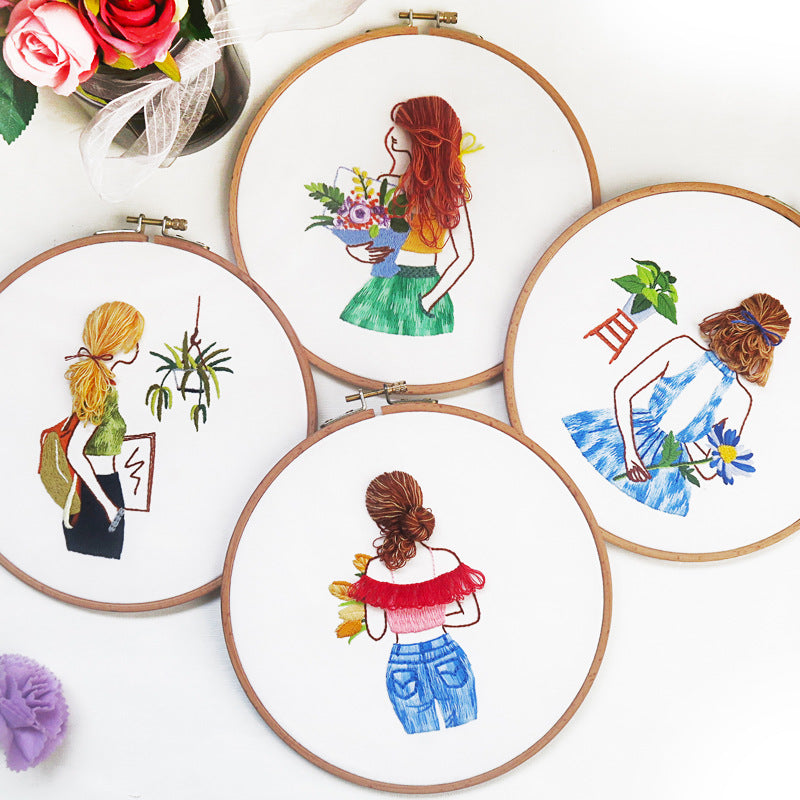 Beautiful Girl -Embroidery kit for beginner with round hoop,thread,fabric,pattern