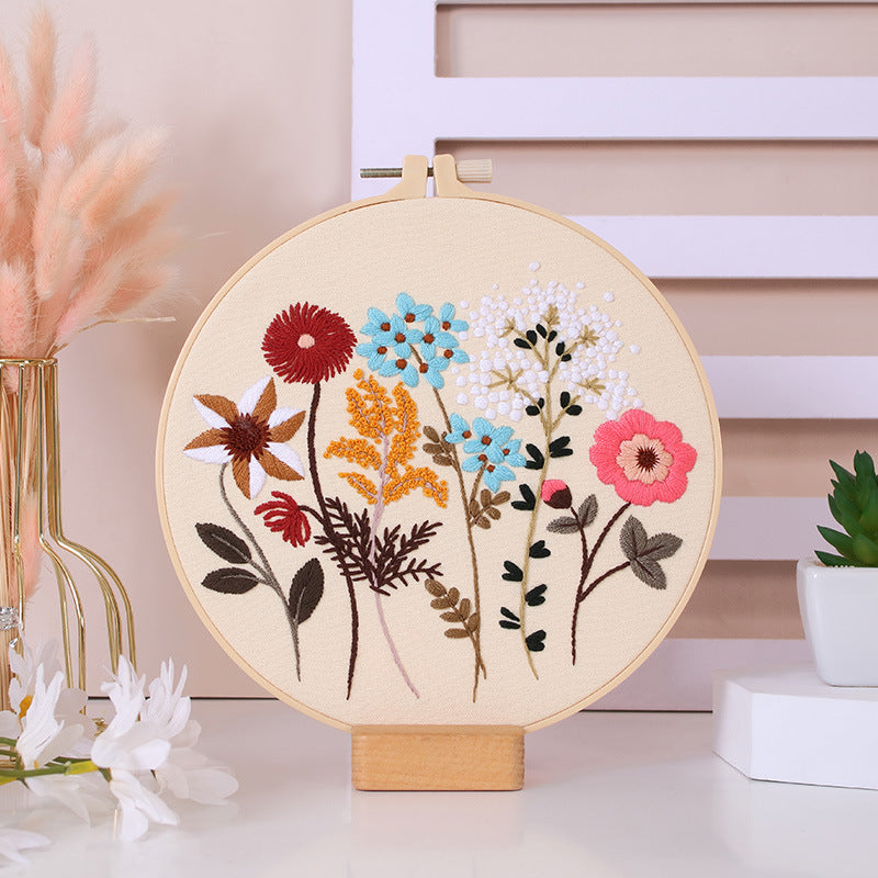 Wild flower Embroidery kit for beginner-whole set with fabric,hoop,needle,floss