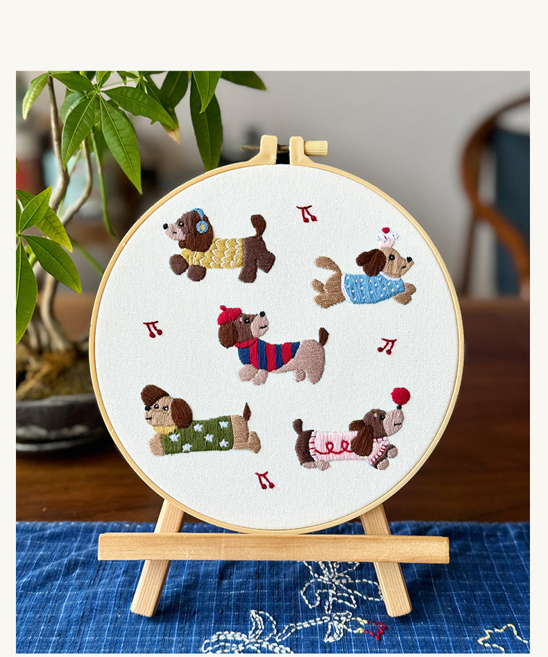 Sausage dog-Embroidery kit for beginner,cross stitch embroidery sets with round hoop,thread,fabric,pattern