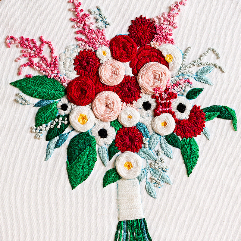 Red flower bouquet embroidery kit for beginner with hoop,fabric,needle,thread