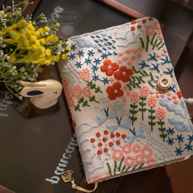 Flower embroidery notebook-Grey and red color