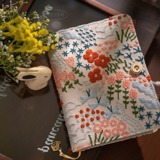 Flower embroidery notebook-Grey and red color
